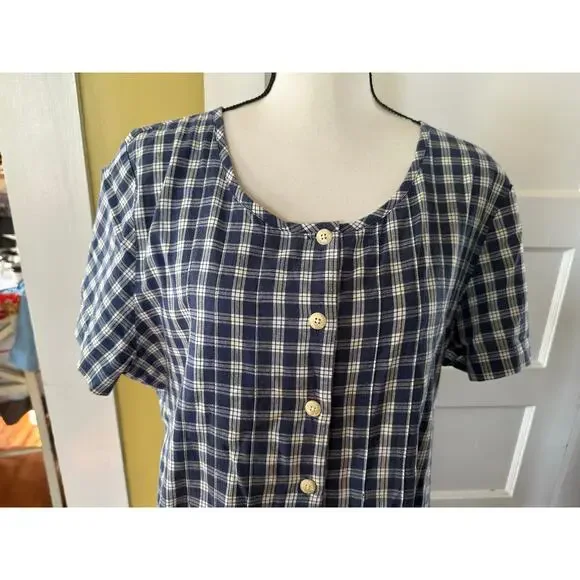 vintage L.L. Bean 100% Cotton Blue Plaid Button Front Cottagecore Dress Petite - Picture 5 of 15